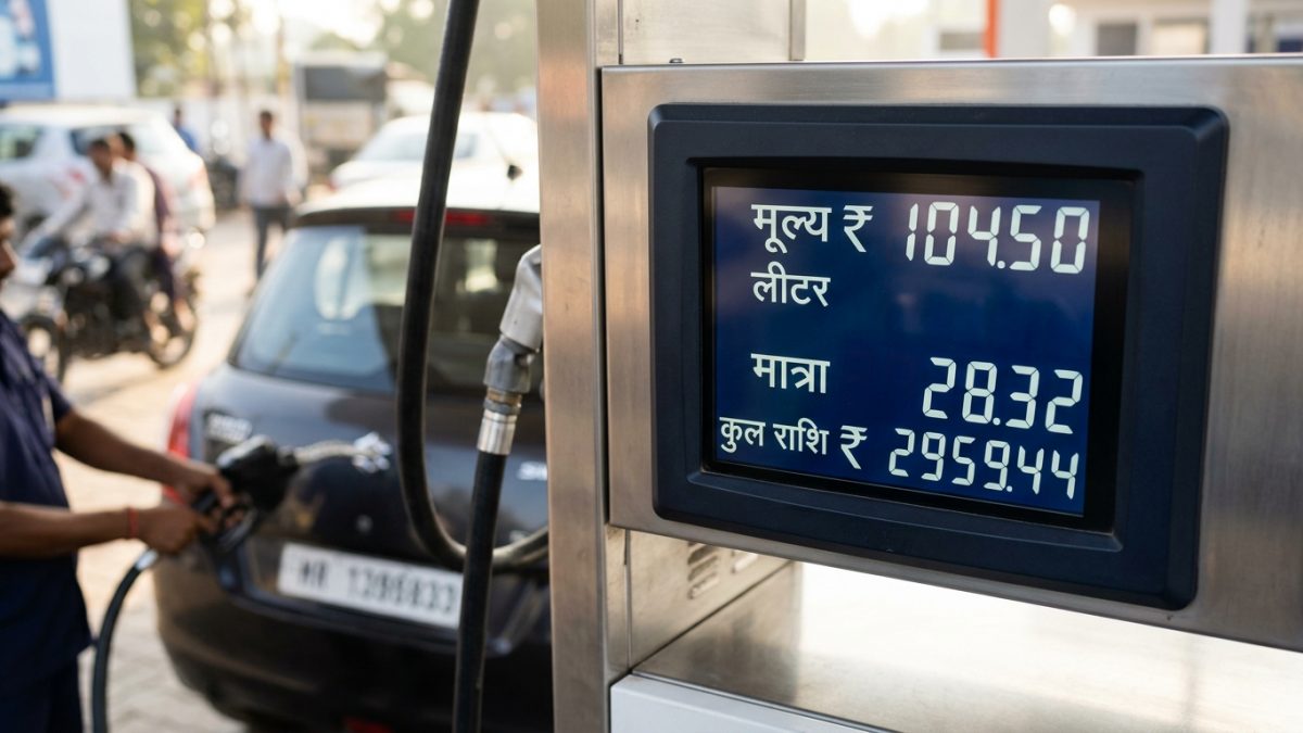 Infographic-style display of a fuel dispenser screen showing diesel price today metrics