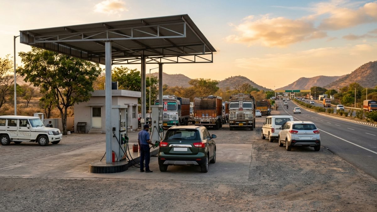 Commercial trucks queued at an Indian state border highway fuel station