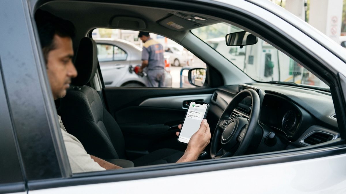 Driver holding a smartphone checking the diesel rate today via SMS next to car