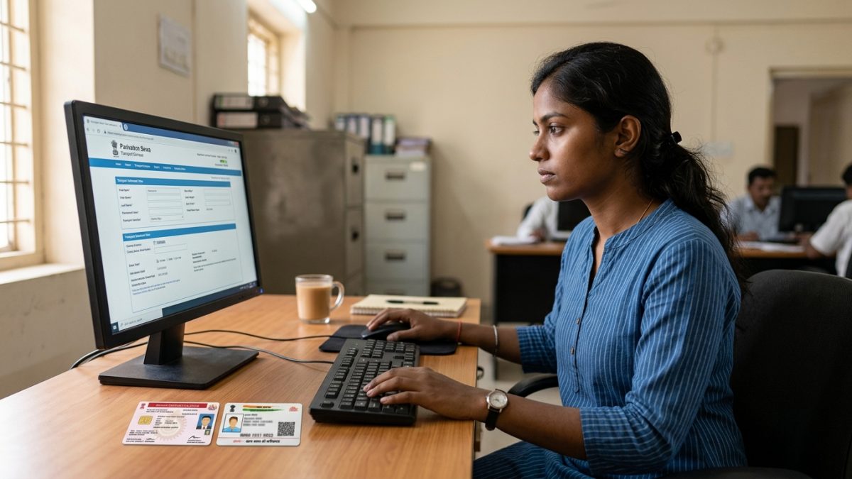 Applicant applying for dl renewal online using Aadhaar eKYC on a computer