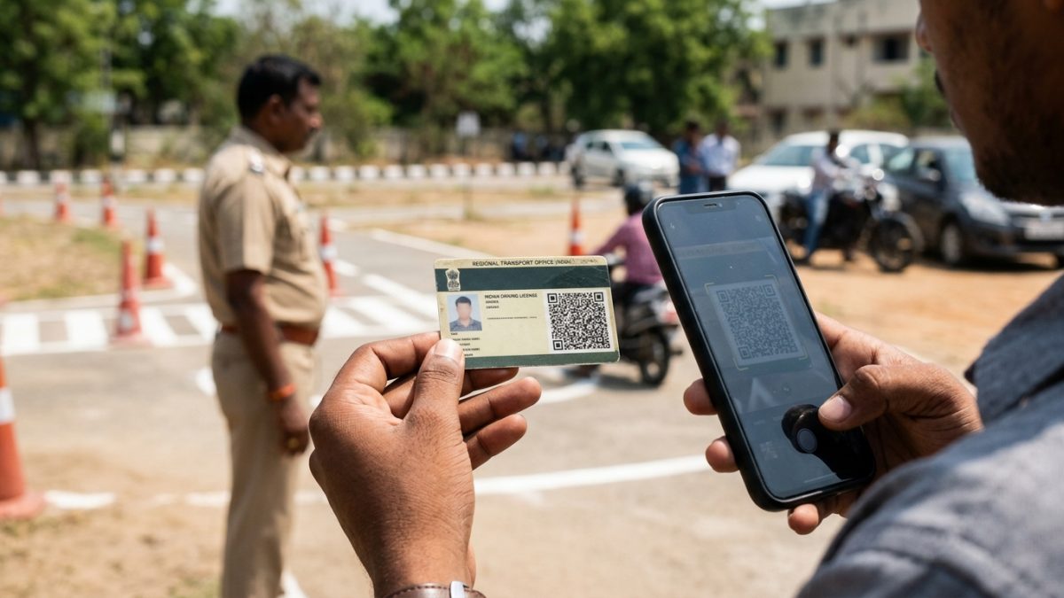 Driver scanning QR code on driving licence smart card with smartphone