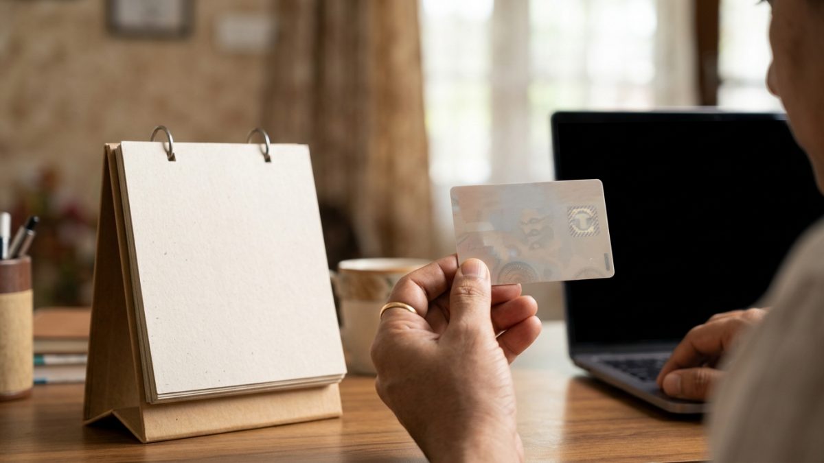 Indian smart card driving licence held over a calendar showing renewal deadlines