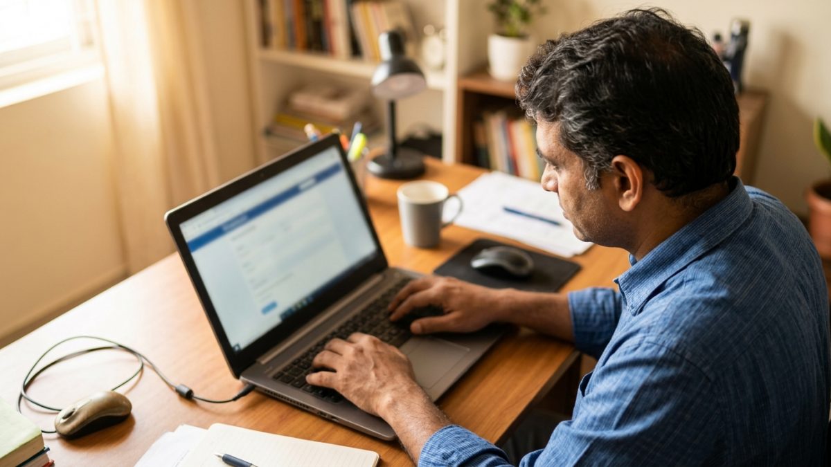Motorist completing driving licence renewal online application on laptop screen