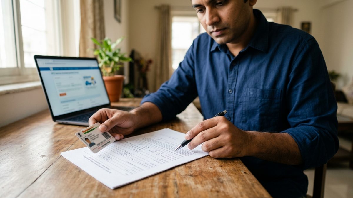 Reviewing medical fitness certificate Form 1A and driving licence documents on a table