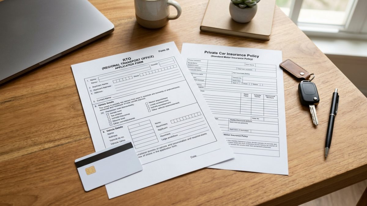 Indian vehicle documentation checklist with Form 26, insurance certificate, and police report on desk