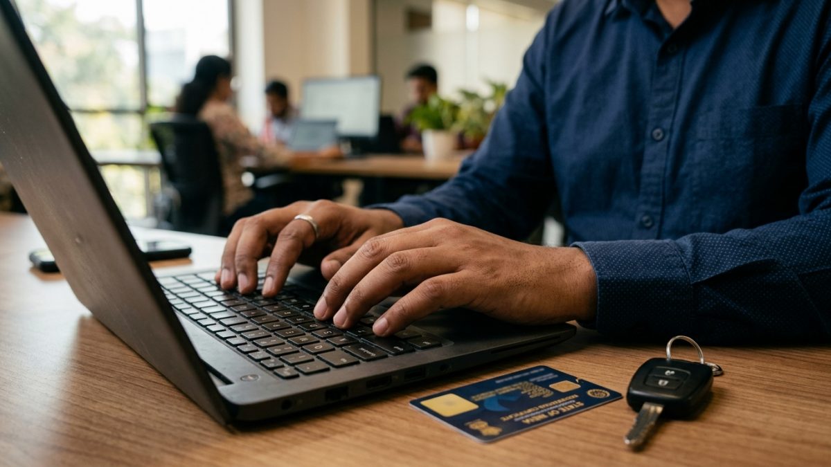 Person typing vehicle registration details into laptop for duplicate RC application