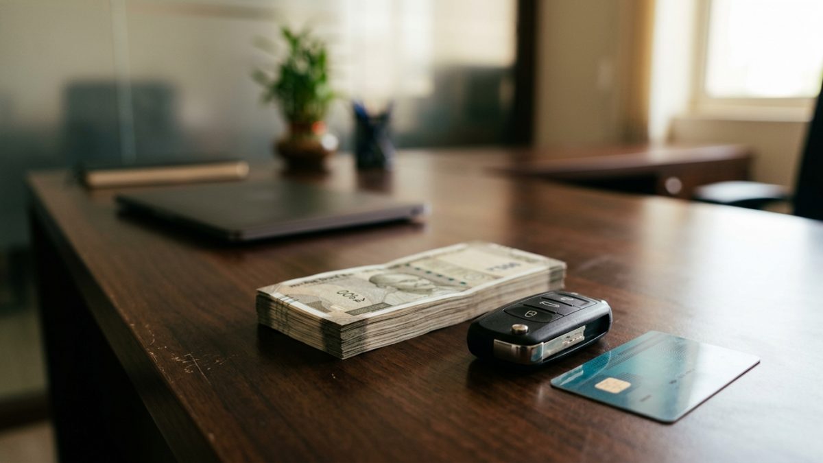 Indian currency notes next to car keys and official vehicle registration card