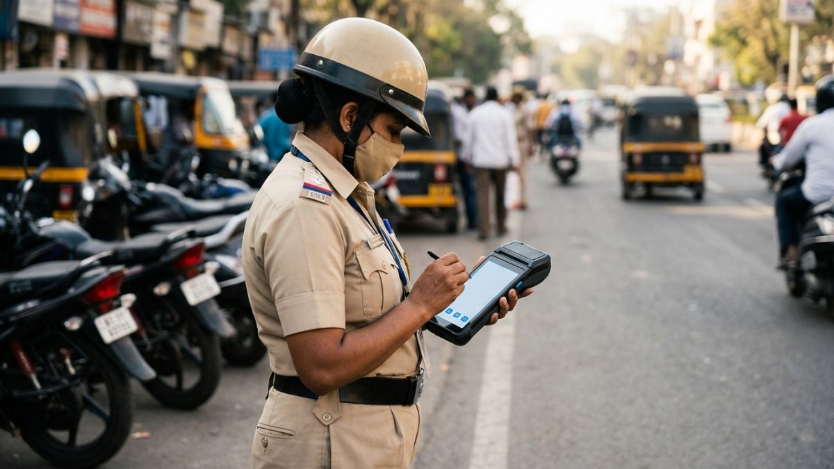 Indian traffic police officer verifying vehicle documents and digital challan records