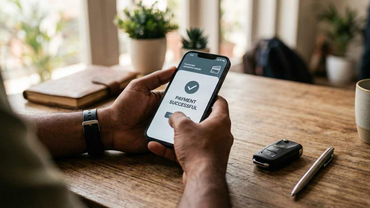 User completing an online traffic fine payment on a smartphone using UPI