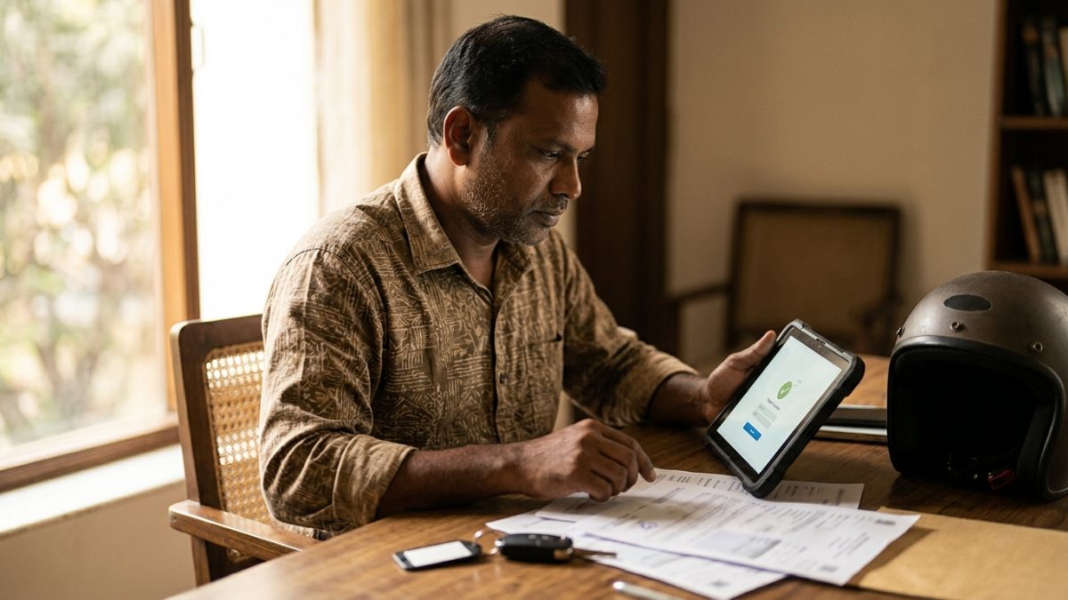Driver reviewing vehicle registration documents and e-challan notice details