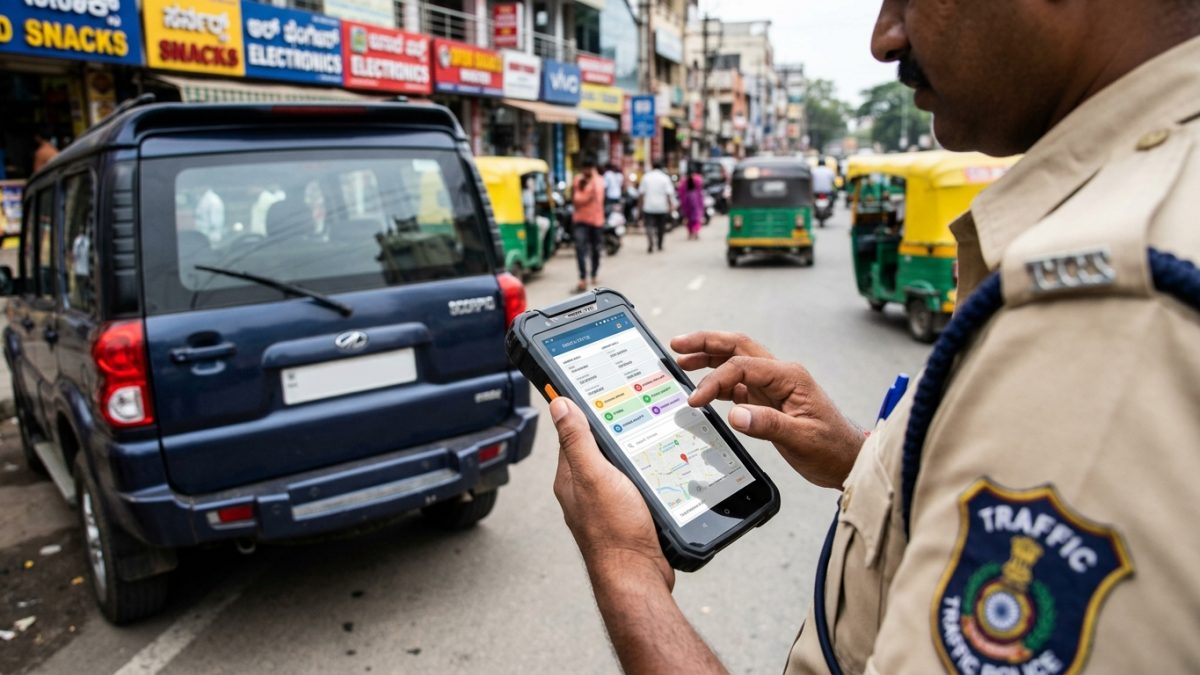 Person checking pending e challan status online on a smartphone screen