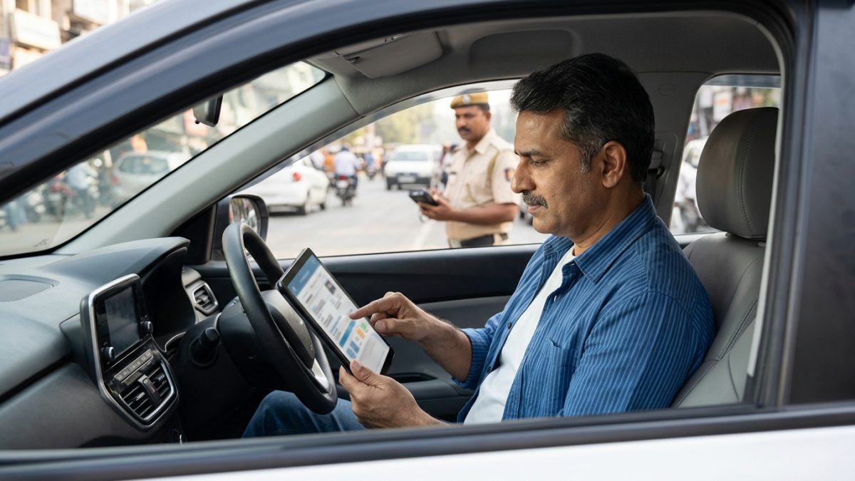 Driver reviewing vehicle registration certificate and blacklist status on a digital tablet