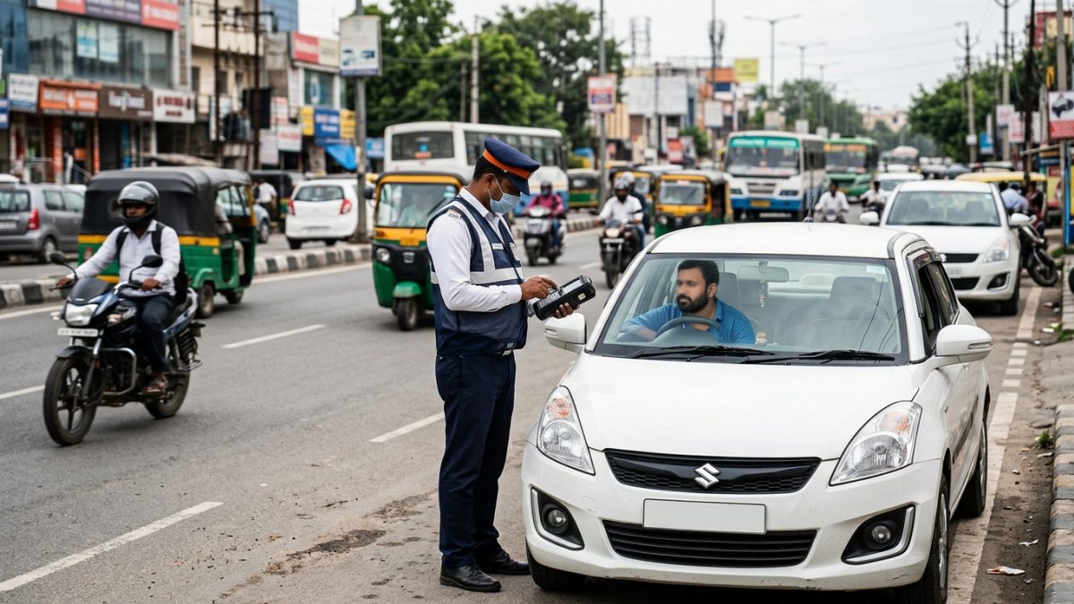Smart city ANPR speed camera mounted on an overhead gantry monitoring Indian traffic
