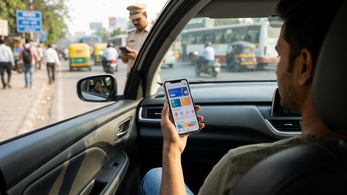 Driver checking traffic fine status on a smartphone inside a parked car
