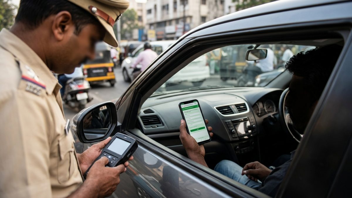 Driver checking online traffic challan details on a smartphone screen inside a car