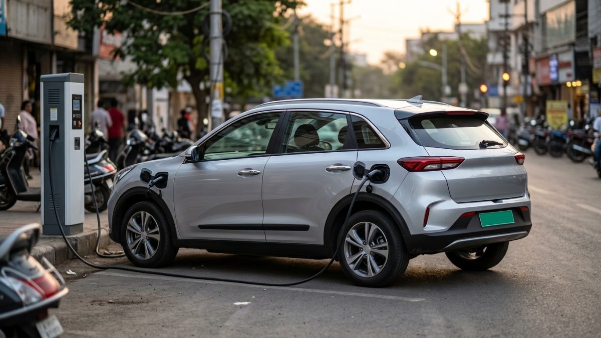Modern electric car price in India comparison parked in a showroom setting