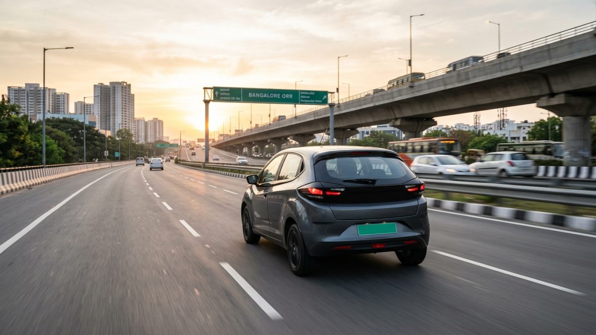 Electric car on road price in India showing green registration plate on highway