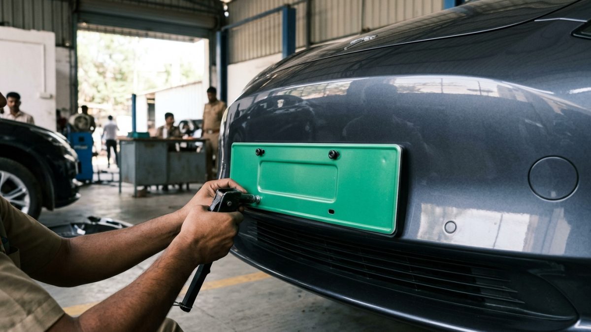 Electric car price in India showing close up of green number plate installation