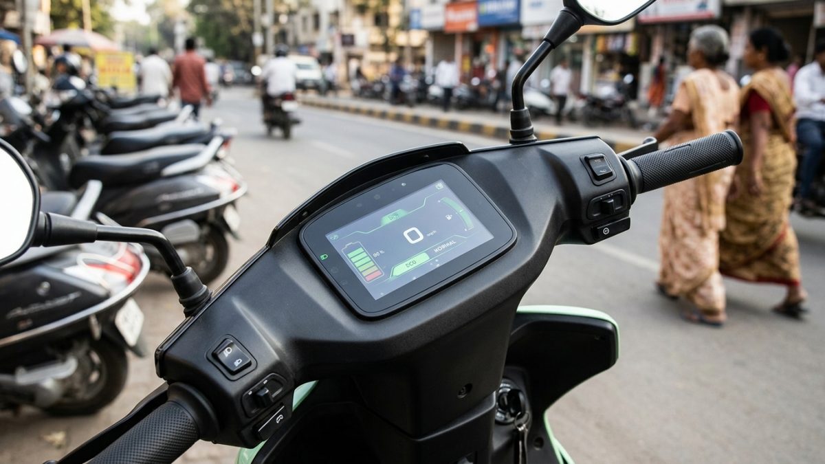 Digital dashboard display of an electric scooter showing battery percentage and riding modes