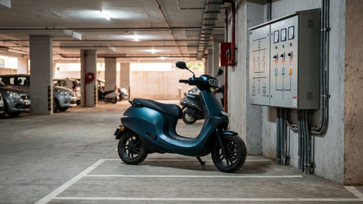 Electric scooter parked beside a domestic electricity meter in a residential area