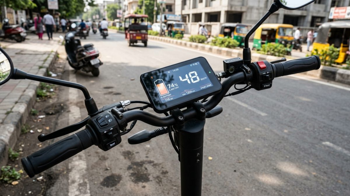 Modern electric scooter dashboard showing battery level and range details