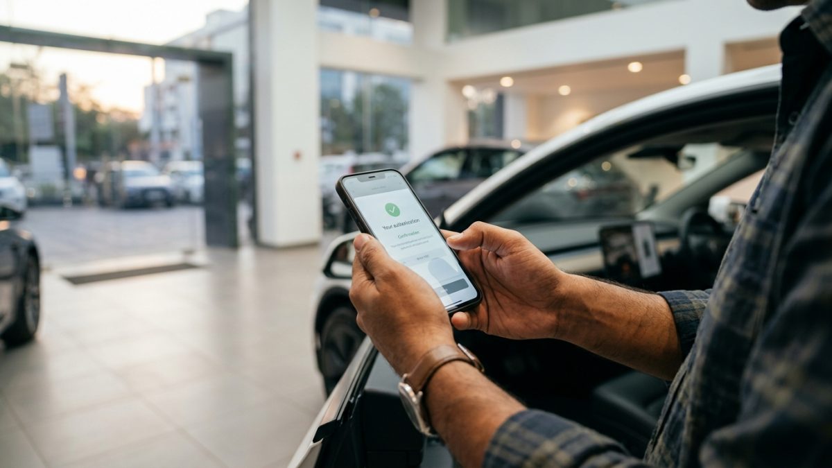 Customer completing digital verification on a smartphone inside a two-wheeler showroom