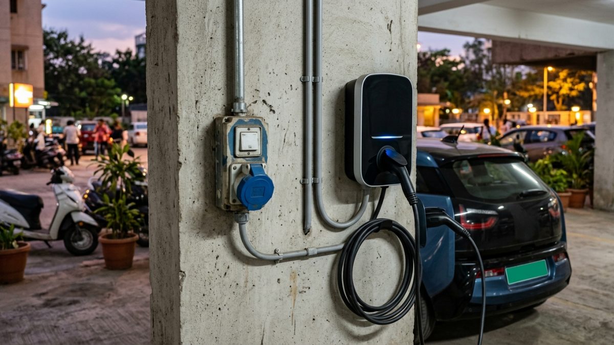 Comparison between an industrial 15A socket and a wall-mounted 7.4kW EV home charger