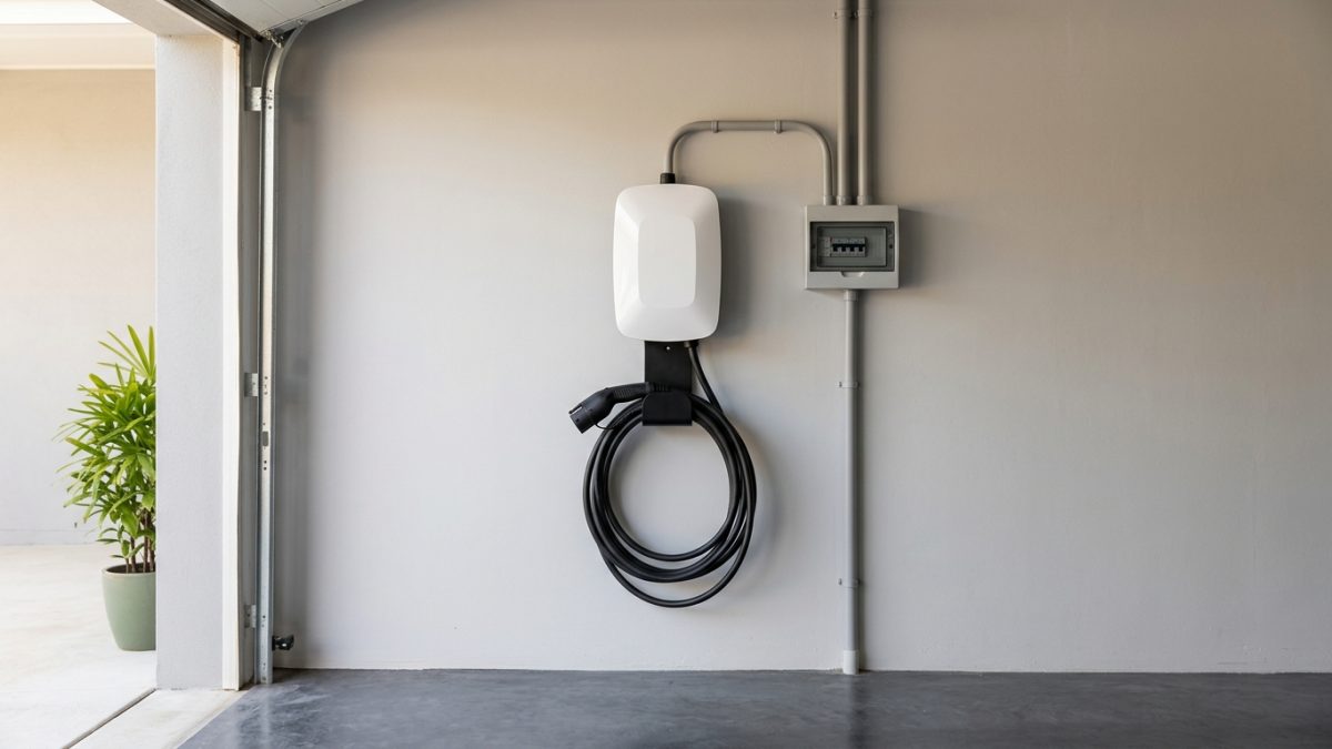 Dedicated home wallbox EV charger installed on a garage wall with switchgear
