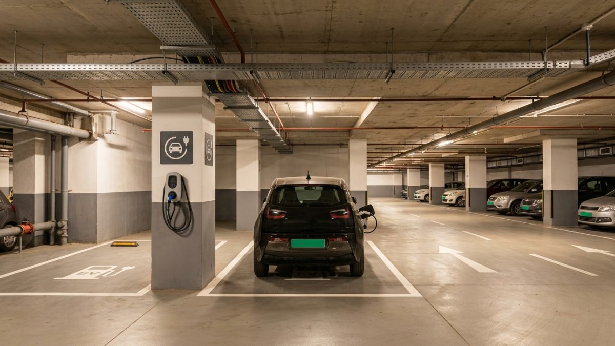 Apartment basement parking equipped with EV charging station infrastructure