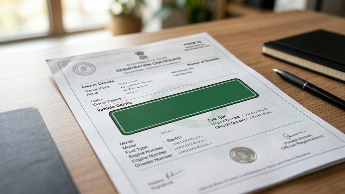 Official RTO vehicle registration document display highlighting electric vehicle tax line item