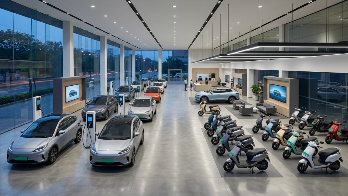 Electric vehicle dealership showroom with electric cars and scooters on display