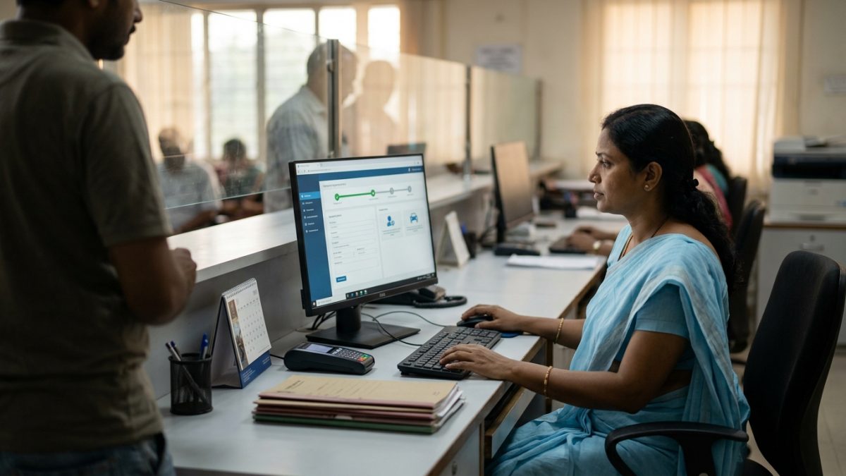 Indian regional transport office counter processing digital vehicle registration entries