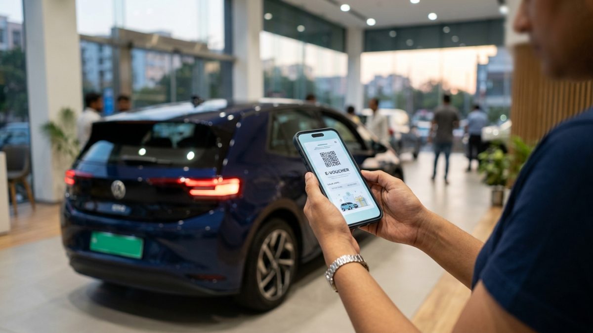 Customer smartphone displaying digital voucher confirmation at an electric vehicle showroom