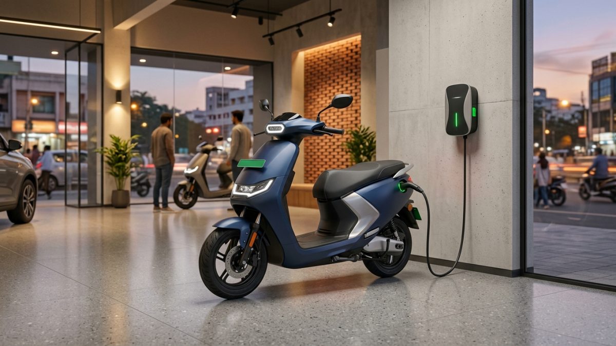 Modern electric scooter charging at a dealership showing electric scooter subsidy in India benefits