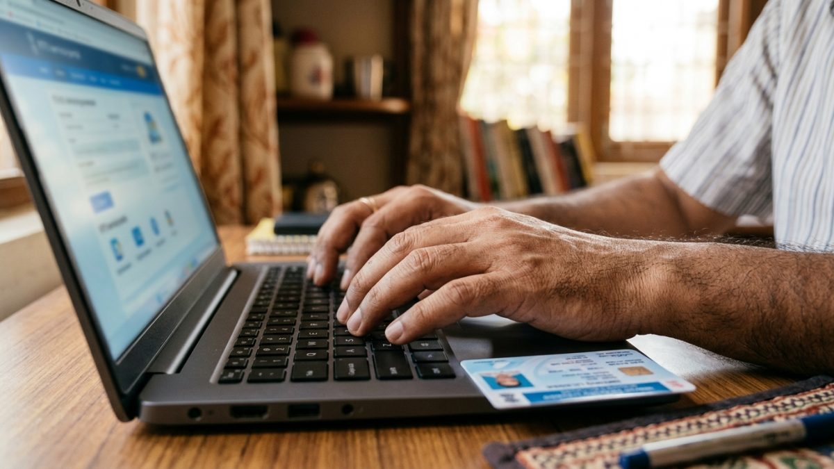 Indian citizen typing on a laptop keyboard to complete Aadhaar OTP verification for RTO services