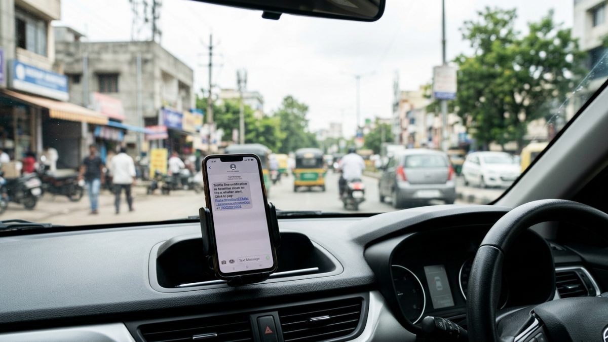 Smartphone displaying a suspicious traffic fine SMS notification beside a car dashboard during fake challan check