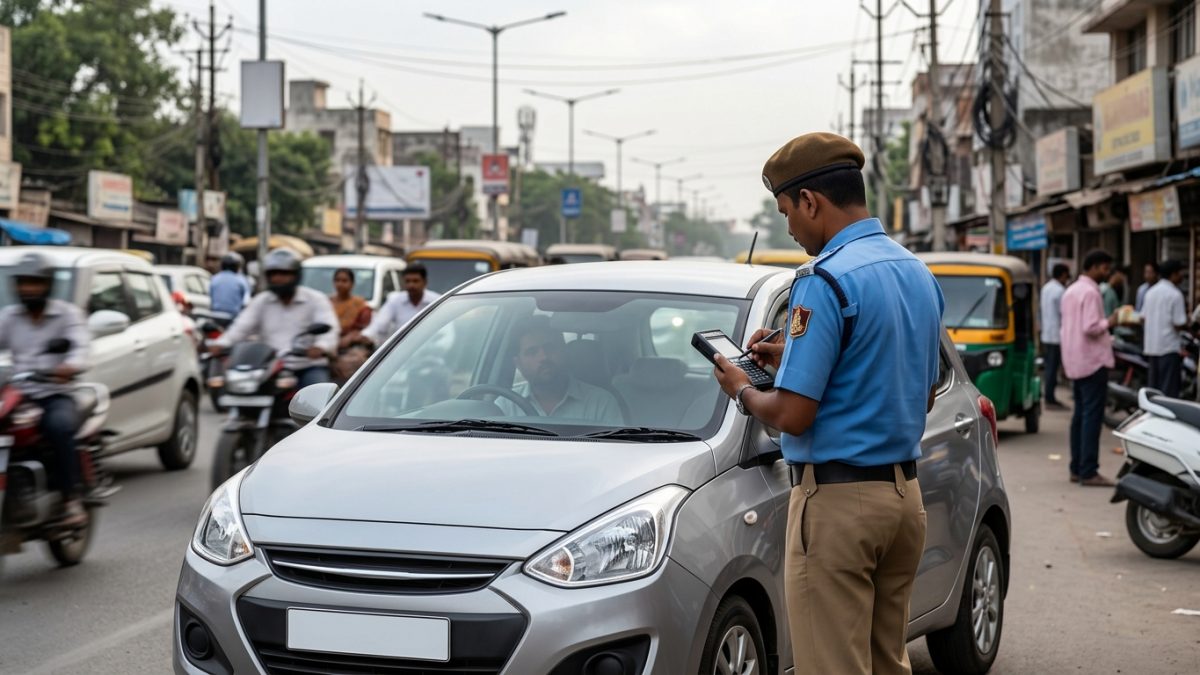 Laptop displaying the official government transport portal interface for an online fake challan check