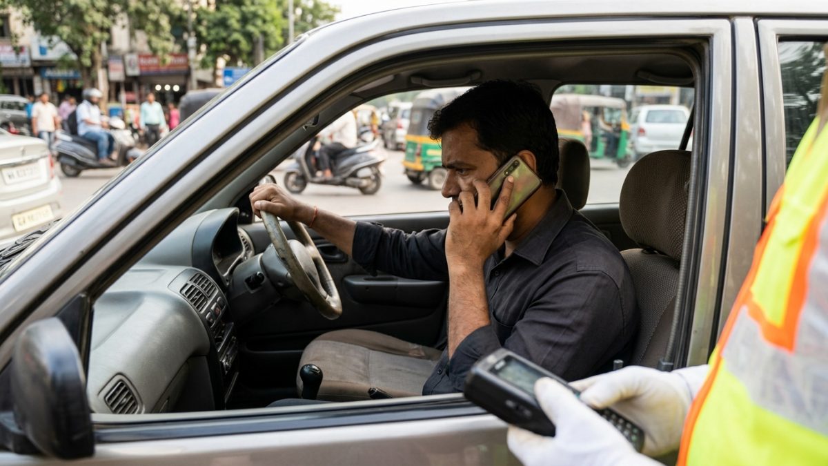Driver making an emergency phone call while holding a smartphone to report a fake challan check scam