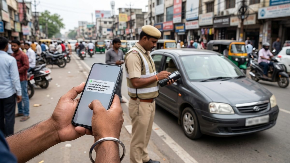 Close-up of a smartphone screen displaying a suspicious traffic challan text message with a fake web link