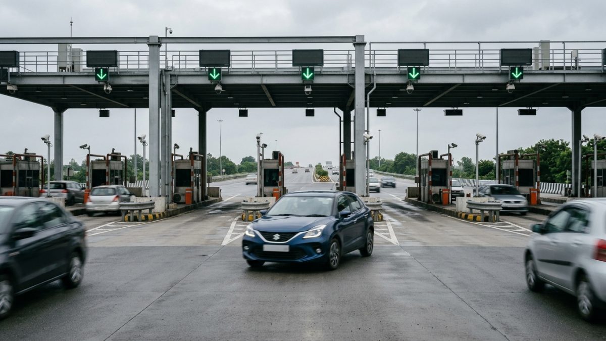 An electronic toll collection lane on a wide Indian National Highway with clear lane dividers