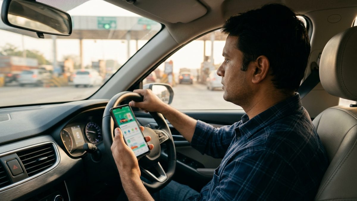 A motorist holding a smartphone checking highway pass application details inside a car