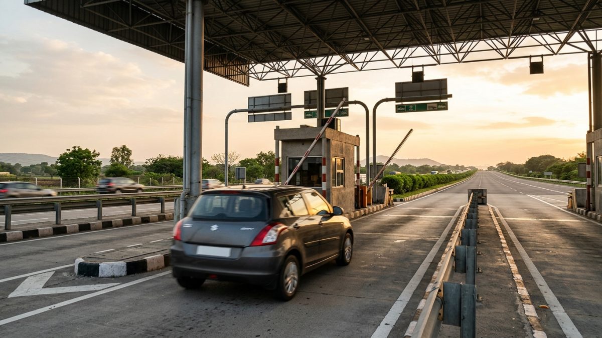 A smooth multi-lane Indian National Expressway stretching toward the horizon with green median strips