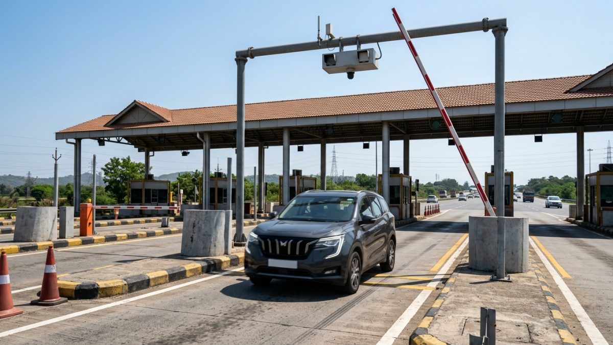 Modern highway toll booth barrier gate lifting for a car in India