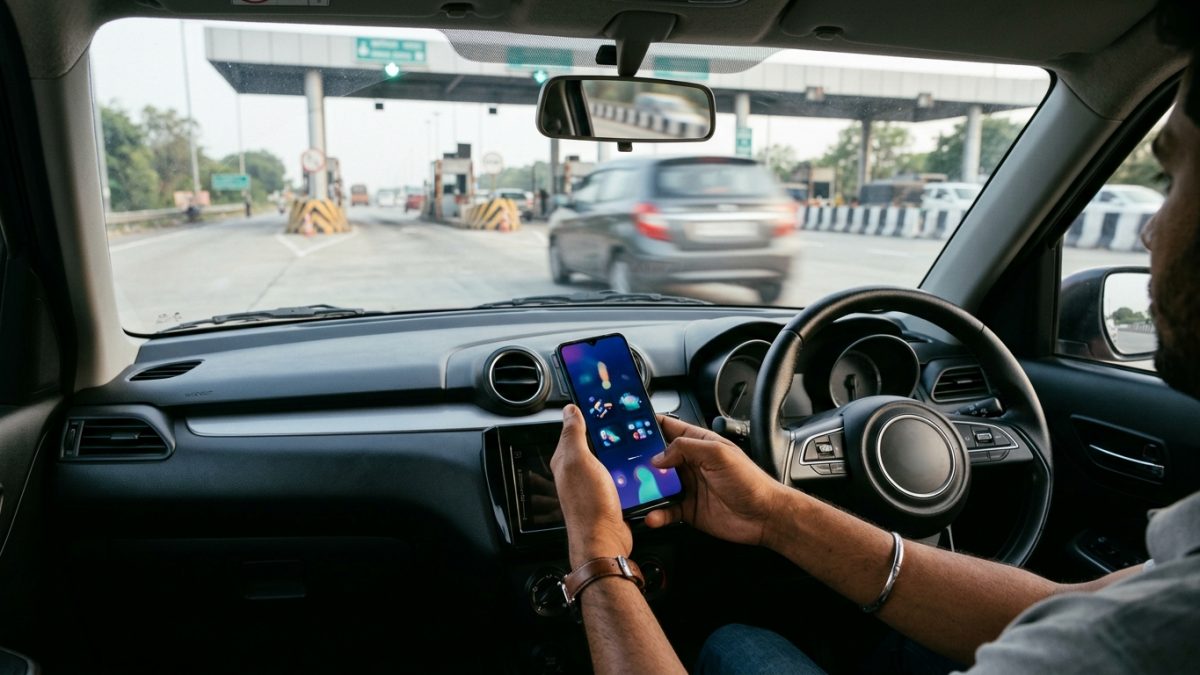 Person holding a smartphone displaying an application screen inside an Indian car