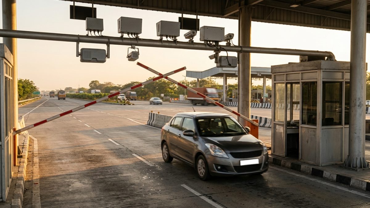 Electronic toll barrier lane with RFID scanner verifying fastag kyc update online status