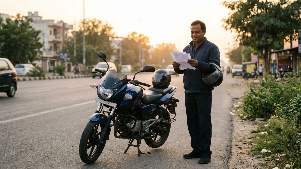 Two-wheeler owner examining insurance documents near a motorcycle parked outdoors