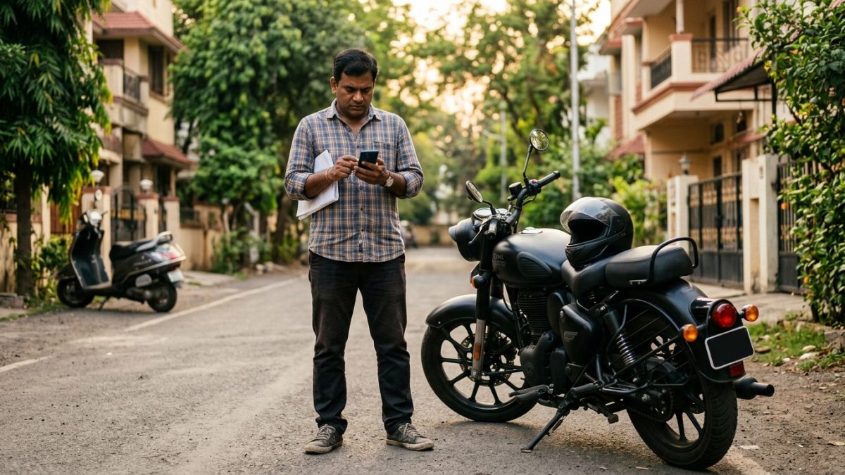 Motorcycle rider using a smartphone to renew vehicle insurance next to a two-wheeler