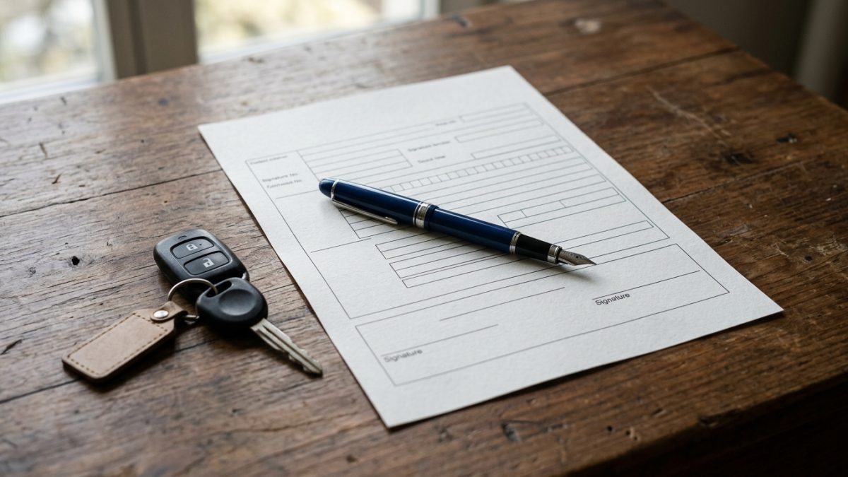 Official RTO vehicle transfer paperwork being signed on a desk