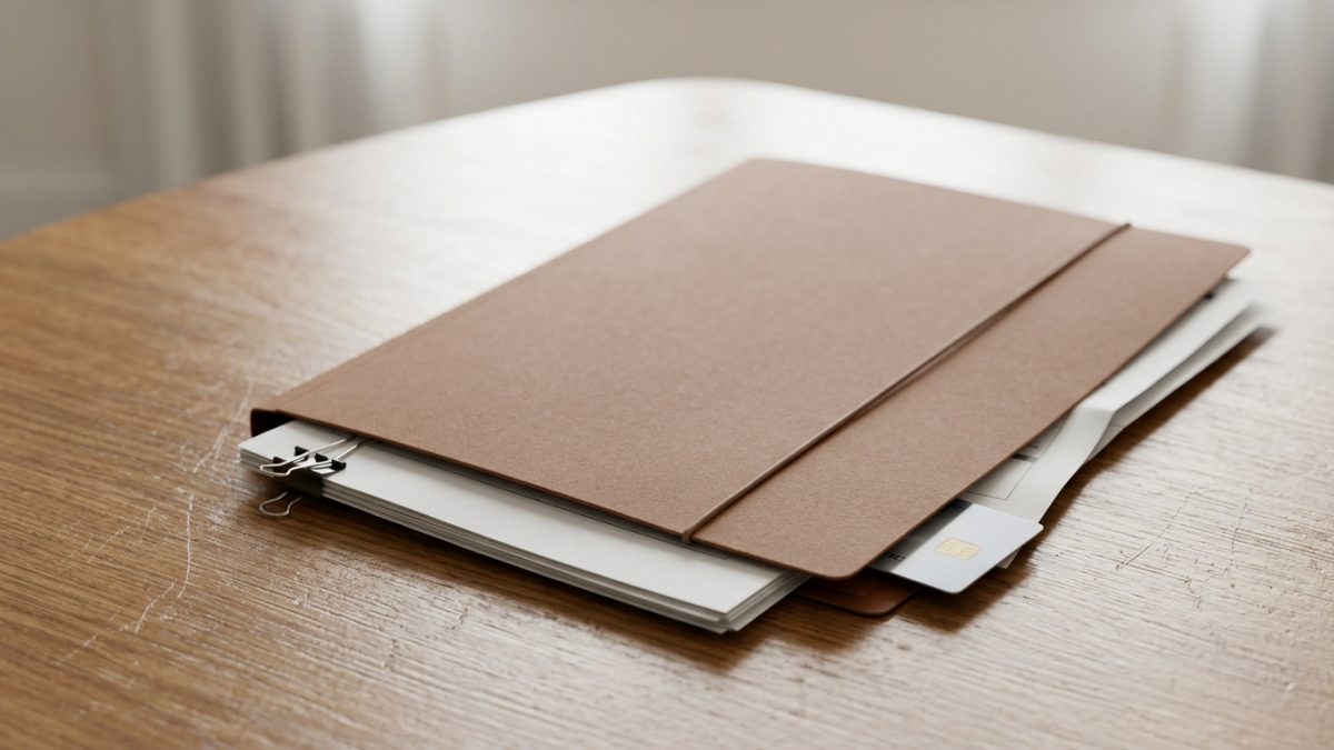 Folder containing used vehicle documents including RC card and insurance paper