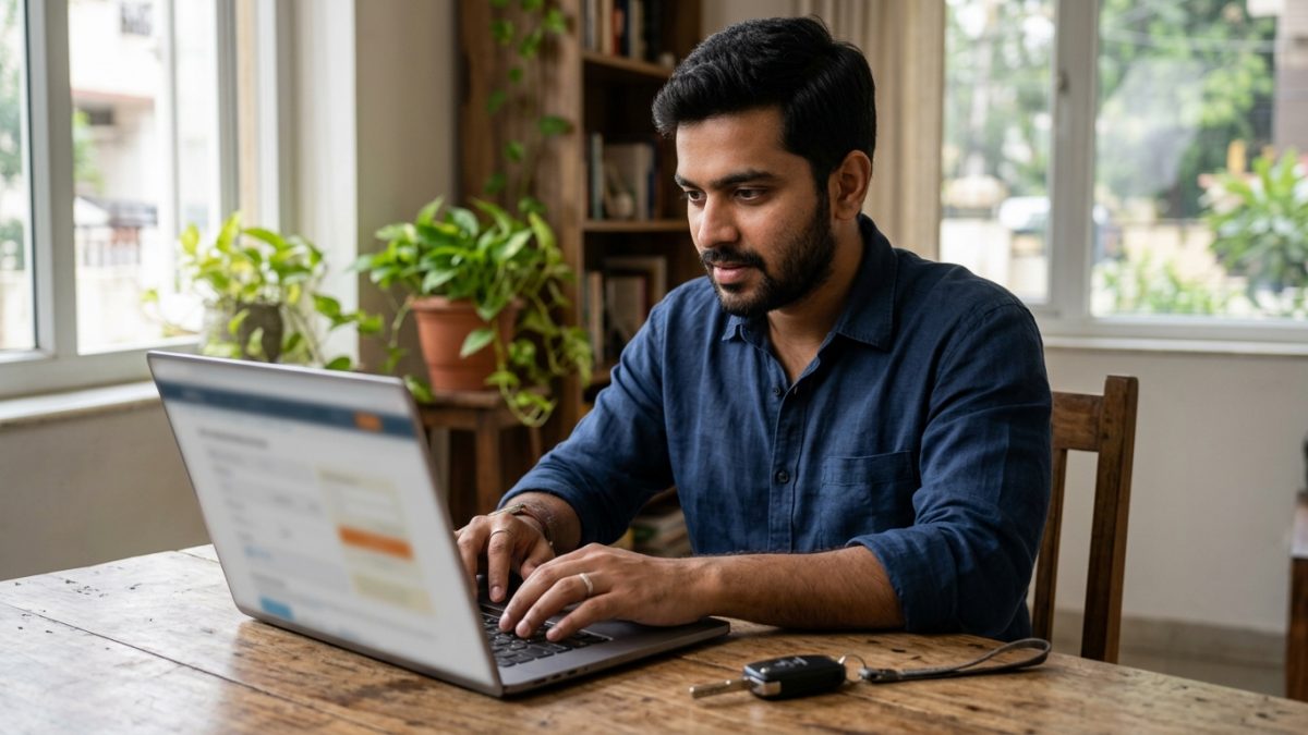 Person using a laptop to complete an online vehicle registration service in India